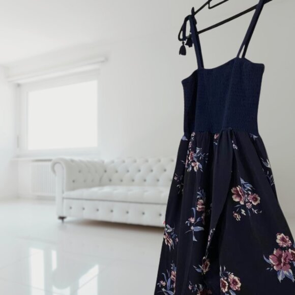 Lildy Navy Floral Smocked Maxi Dress NWT L/XL Boho Cottagecore Garden Party - Picture 4 of 10